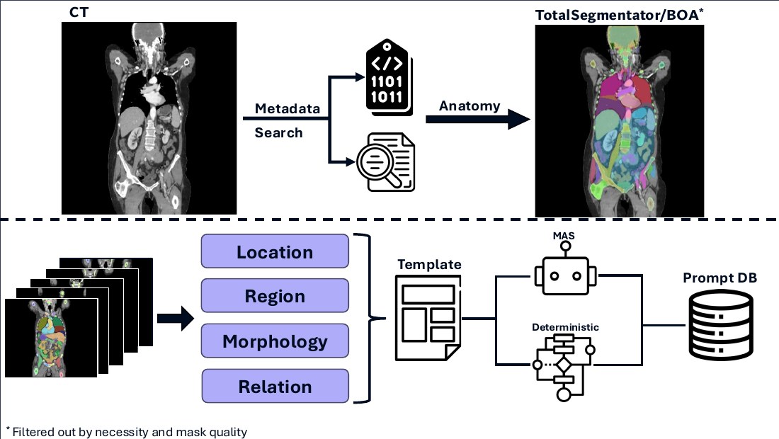 From anatomy to prompts: CT studies go through a metadata search and TotalSegmentator; the anatomy feeds four prompt families (location, region, morphology, relation), which are written out by templates, an agent system or deterministic rules into a prompt database.