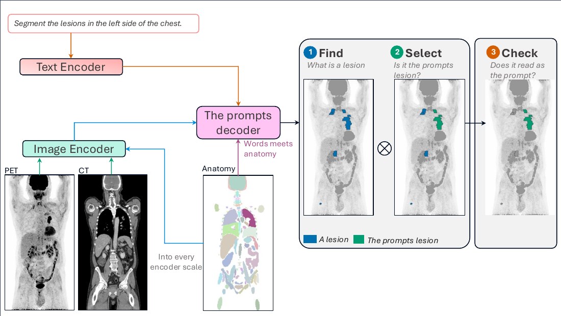 Find, select, check: PET, CT and the anatomy feed an image encoder; a text encoder reads the prompt; the prompt's decoder produces a lesion channel (every lesion) and a selection (the prompt's lesions); a check tests whether the answer reads as the prompt.